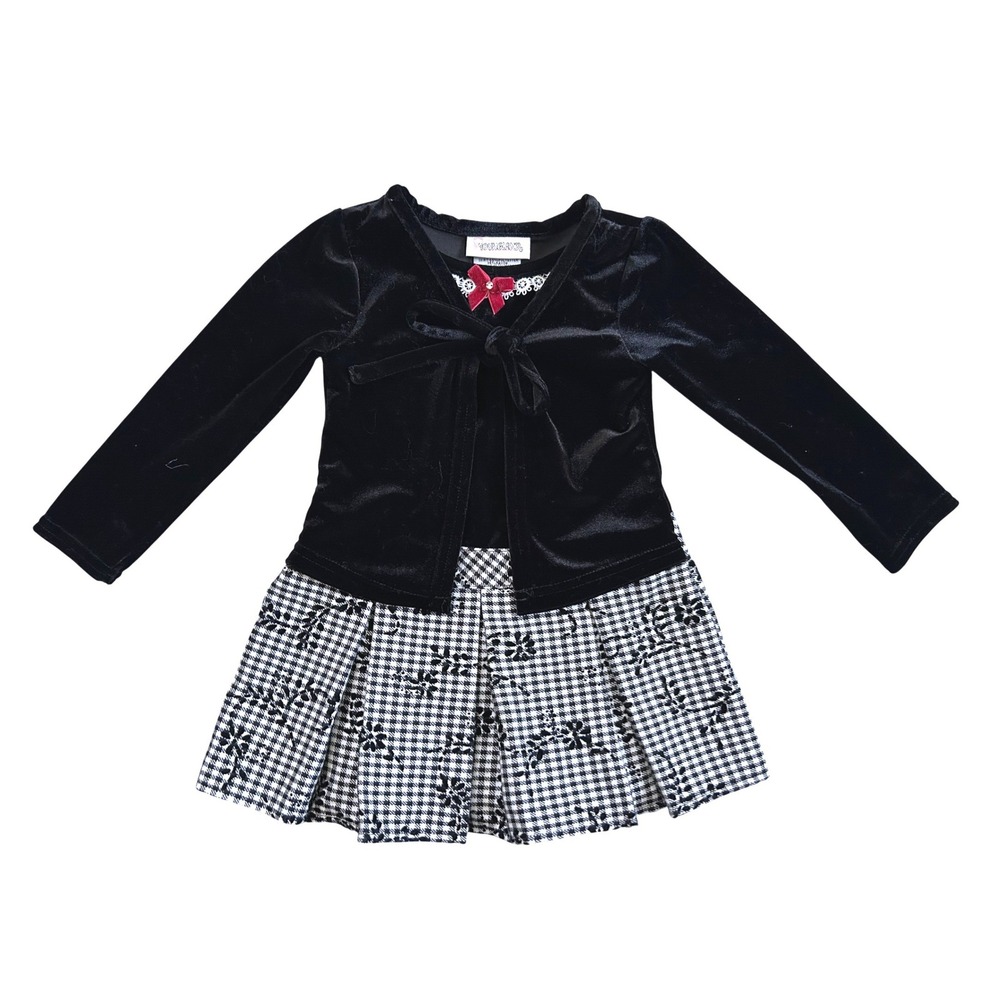 Youngland Holiday Dress Shrug Set Kids Black Velvet Houndstooth Floral 18 Months